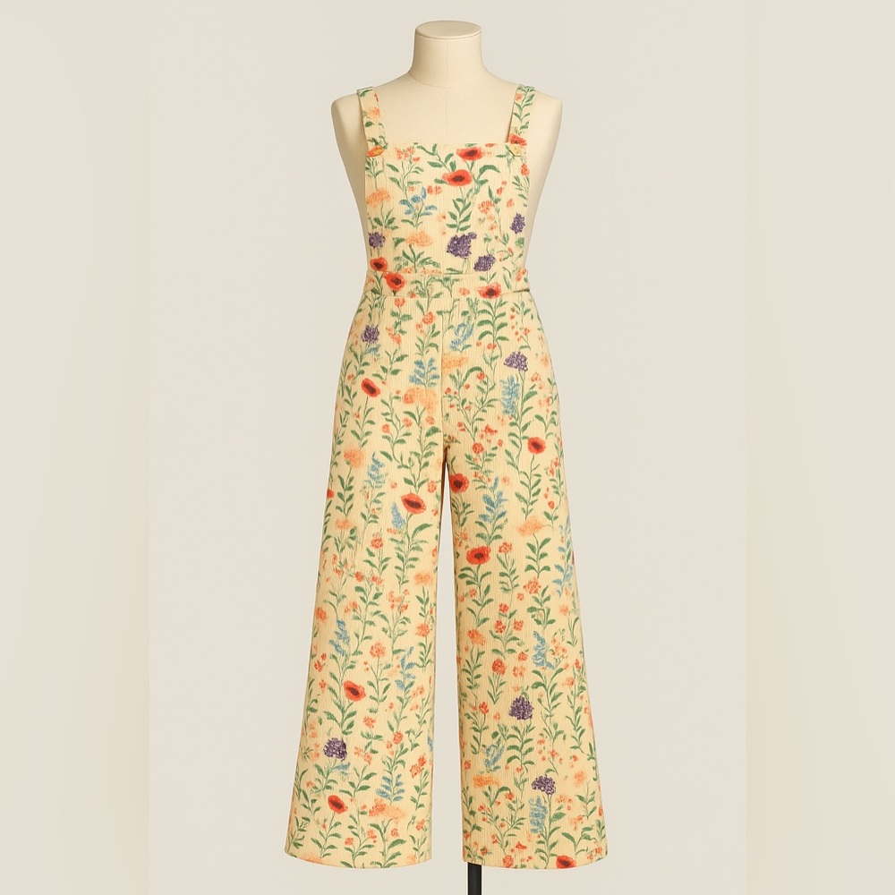 🌸 Cottagecore Floral Corduroy Jumpsuit | Wide-Leg Overalls | Size Large